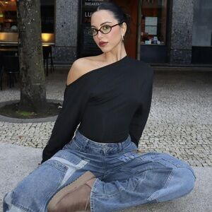 Denim Patchwork Barrel Jeans M mc5